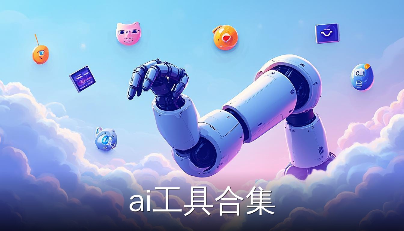 ai工具合集人工智能开发与学习主要工具图标围绕云端机器人手臂的扁平插画