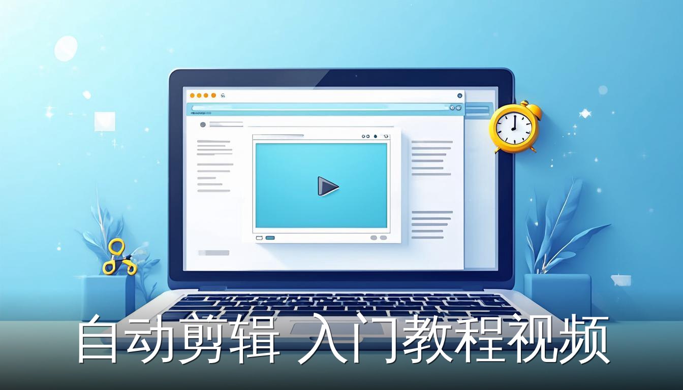 自动剪辑入门教程视频的封面图，展示笔记本电脑和视频编辑工具图标
