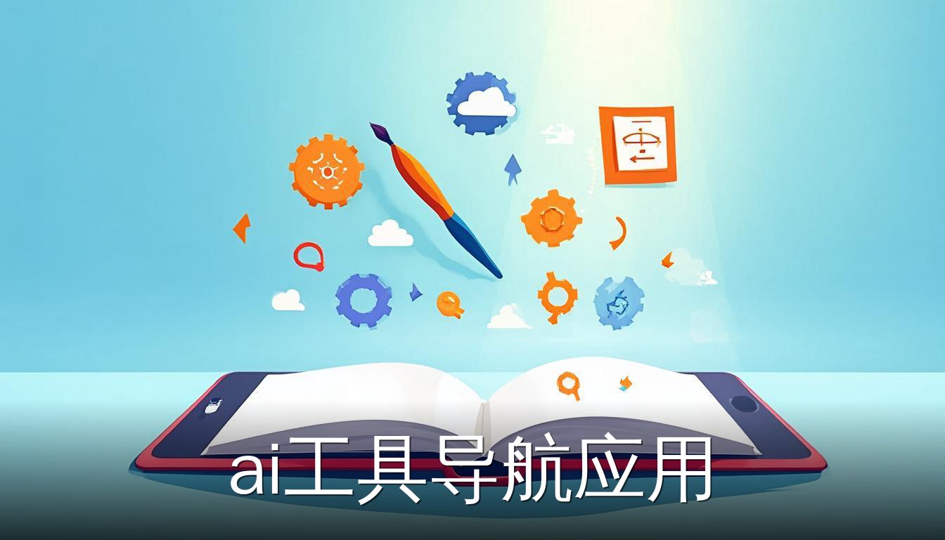ai工具导航应用 主视觉：屏幕展示多种AI工具图标和连接箭头