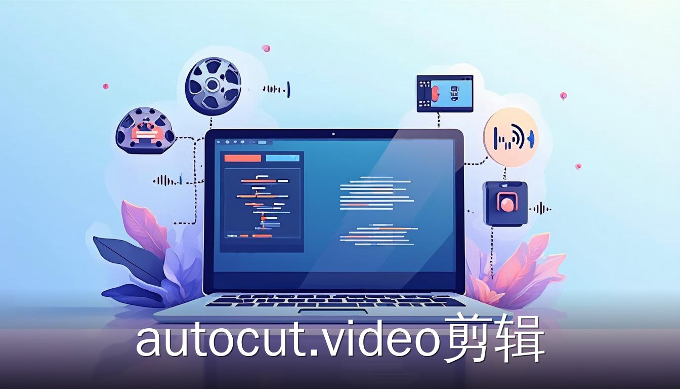 autocut.video剪辑 开源工具链的扁平插画，展示命令行界面与视频、语音识别图标