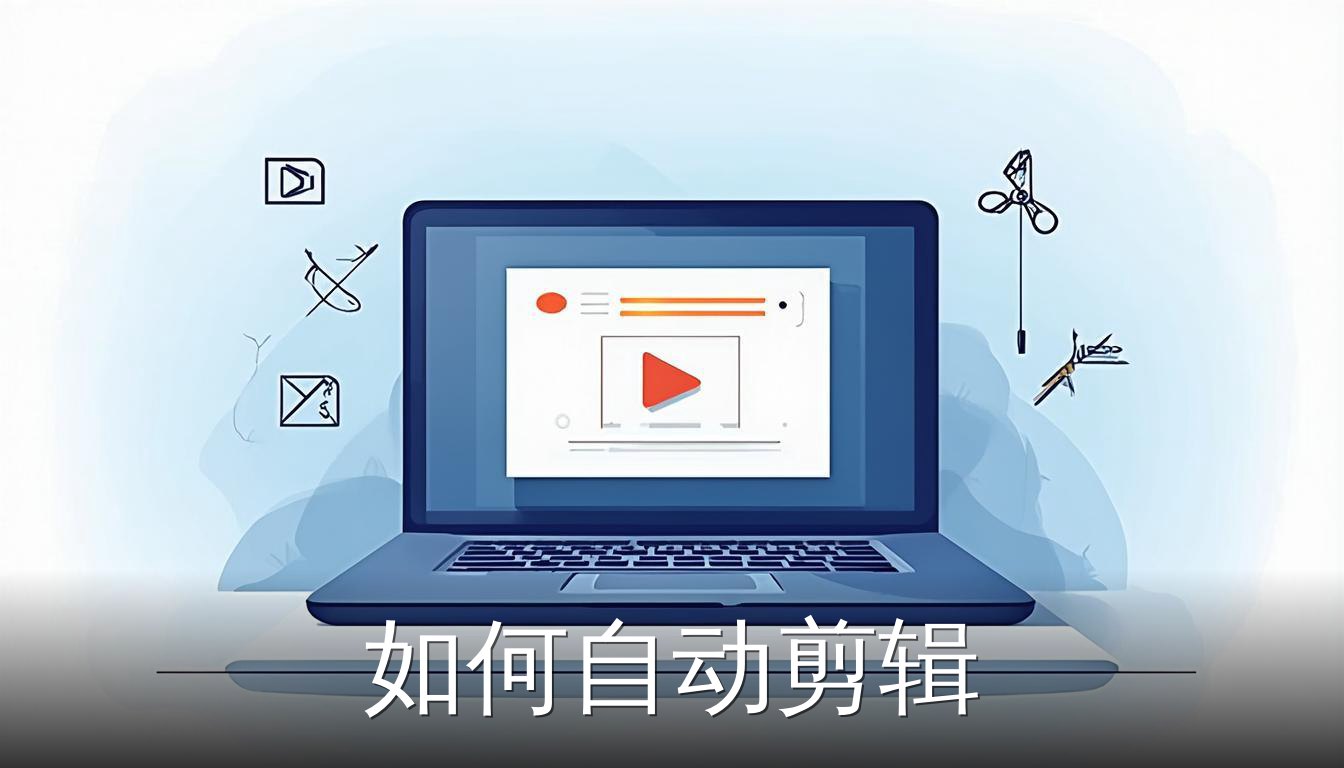 自动剪辑概念图，笔记本电脑和视频编辑图标